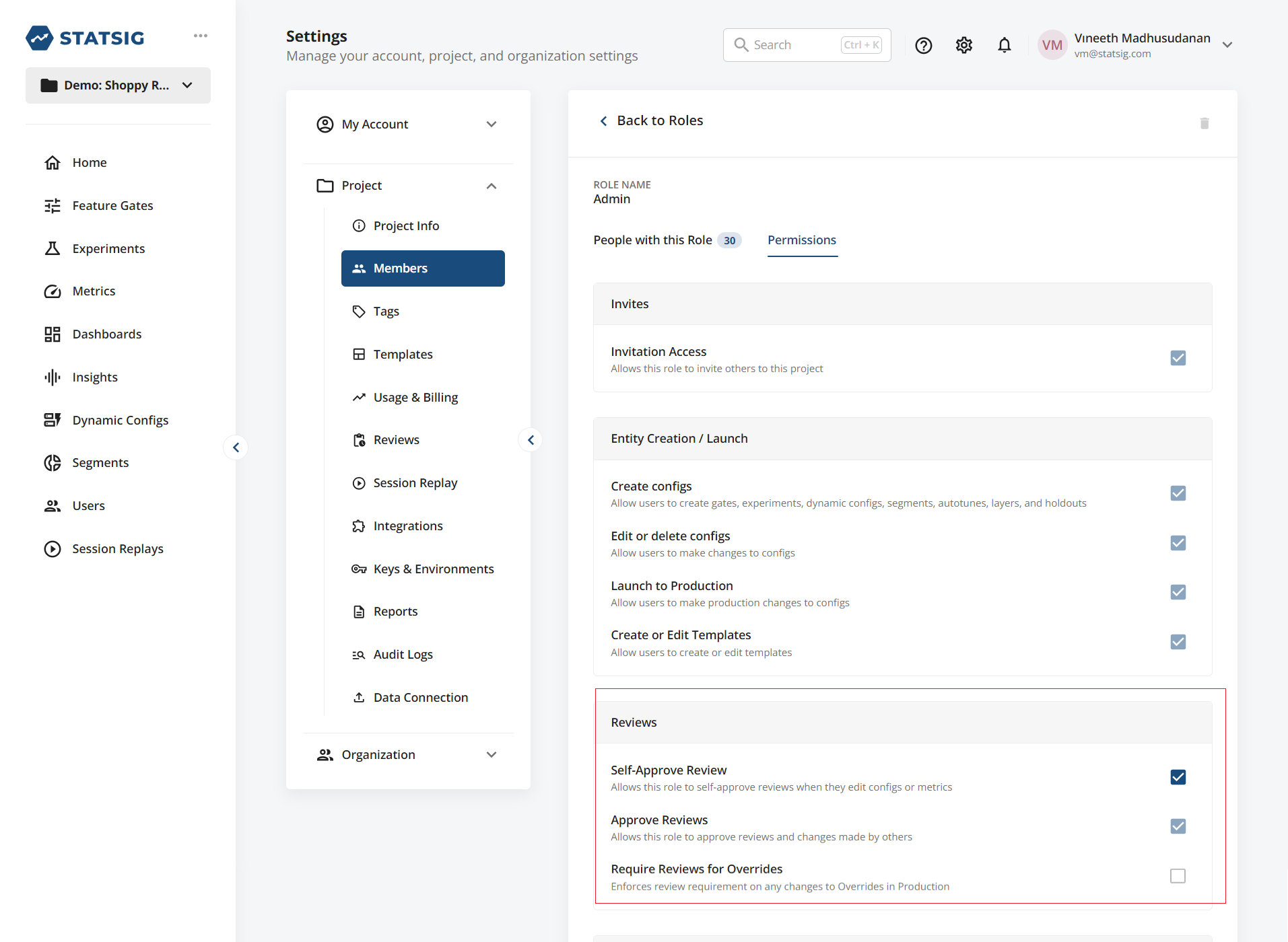 User role permissions configuration screen