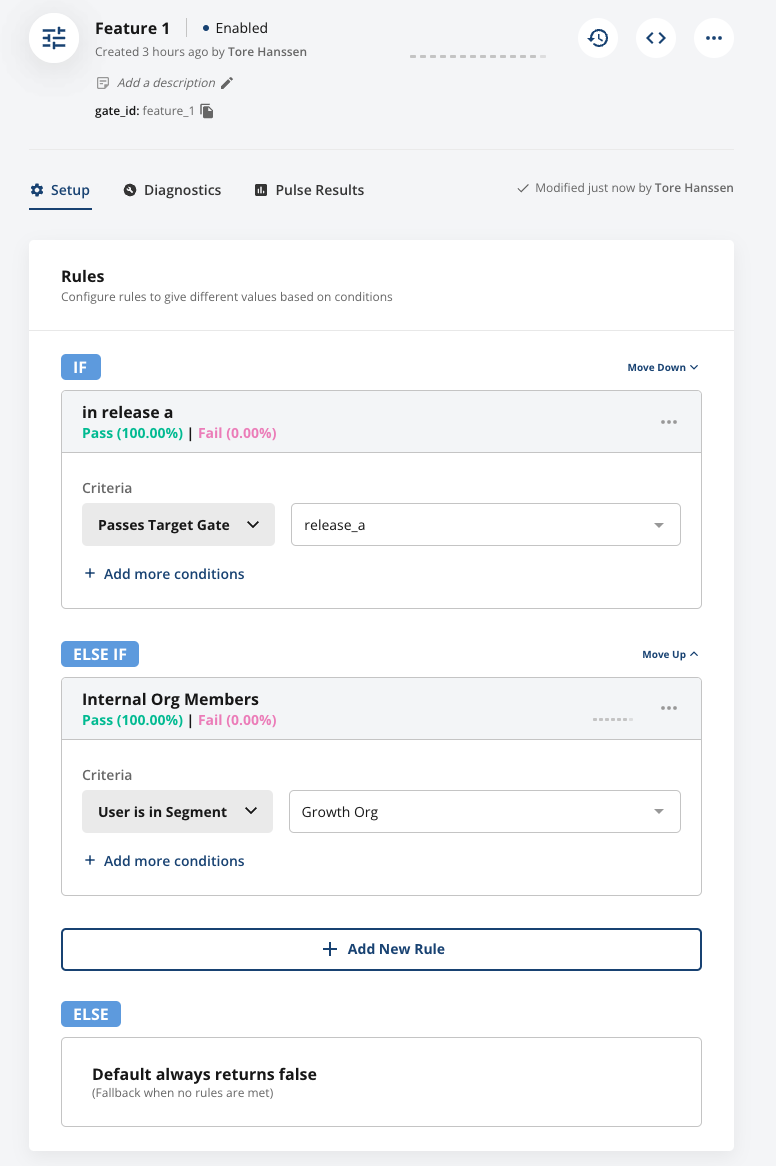 Feature gate rules showing Passes Target Gate condition ahead of internal org segment