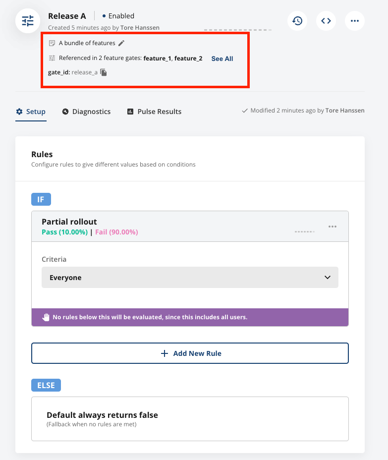 Release gate partial rollout configured to 10 percent and referenced by two gates
