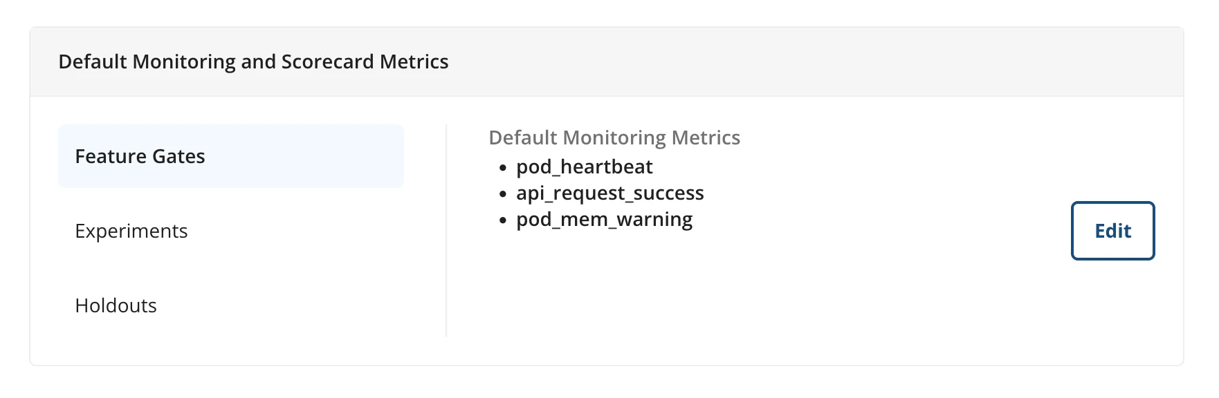 Statsig Team settings showing default monitoring metrics selection