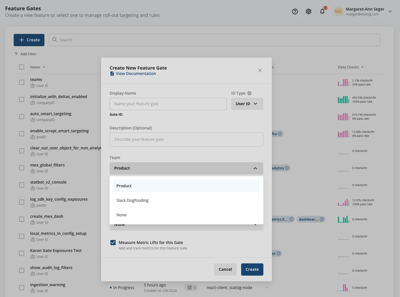 Config creation screen with team selection dropdown