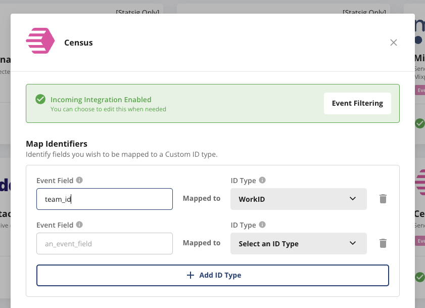 Statsig integration panel for Census custom ID mapping