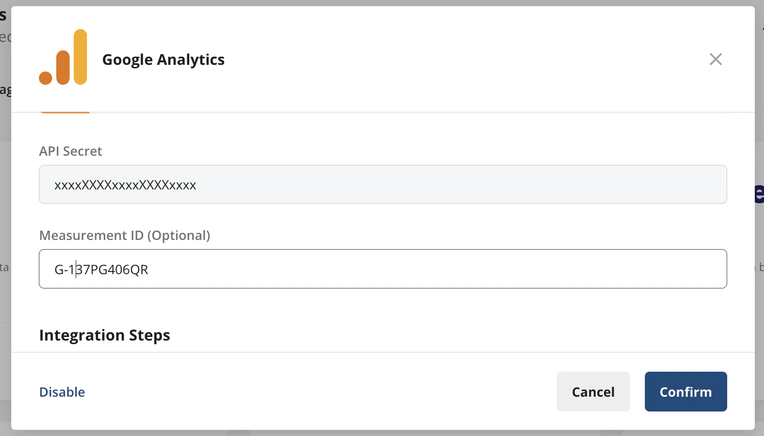 Statsig integration configuration form for GA4 API secret and measurement ID
