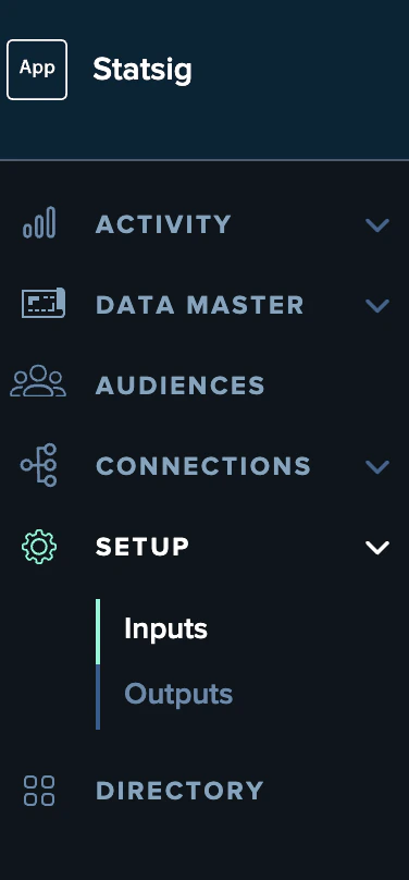 mParticle navigation drawer highlighting the Setup to Inputs path
