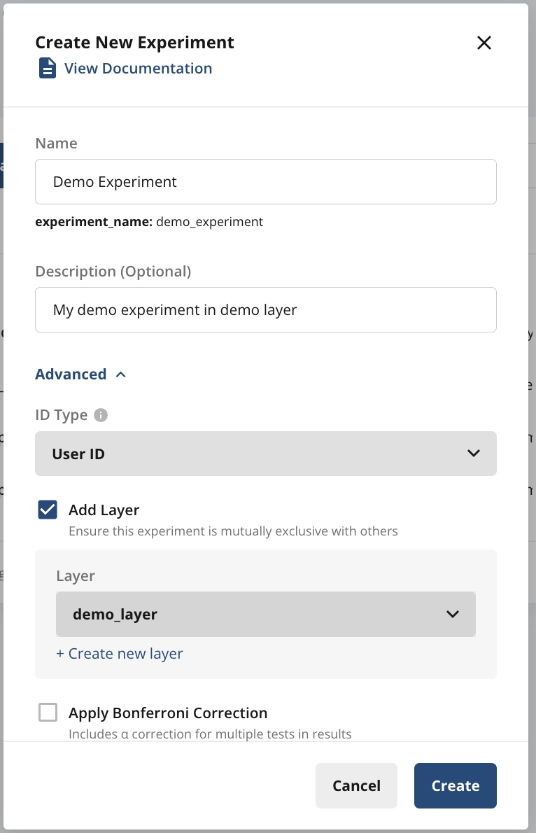 Experiment creation dialog in Demo Layer with control and test groups