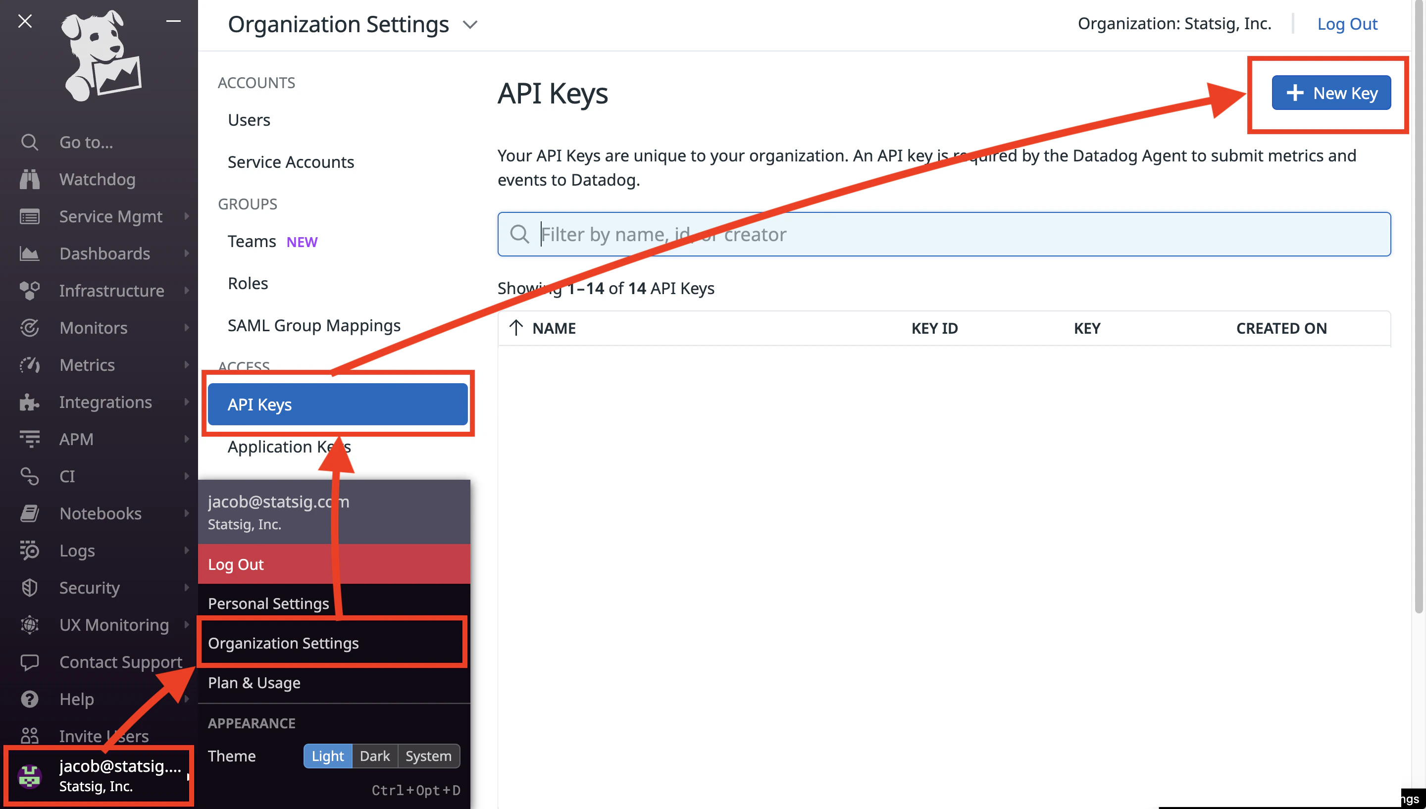 Datadog API key creation interface