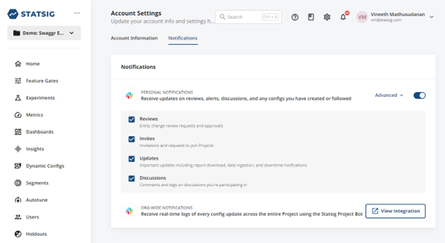 Slack personal notifications setup interface