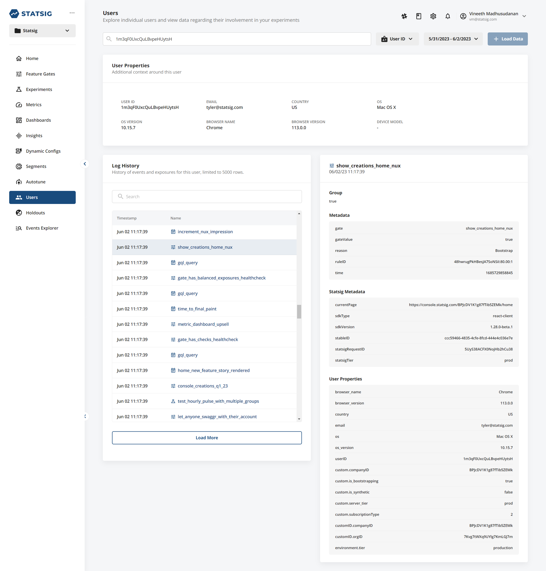 Users tab diagnostics interface
