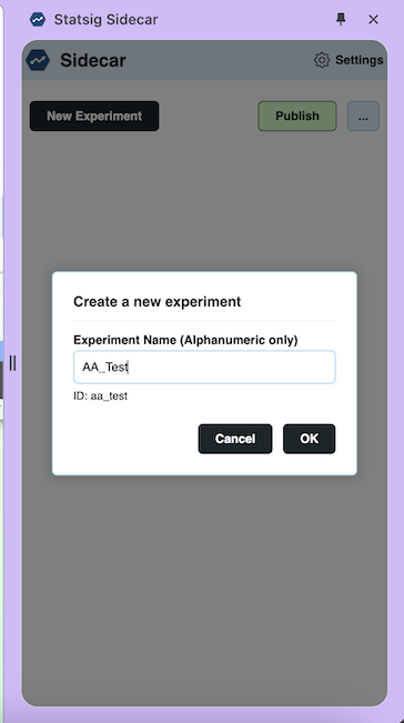 Sidecar A/A test experiment setup interface