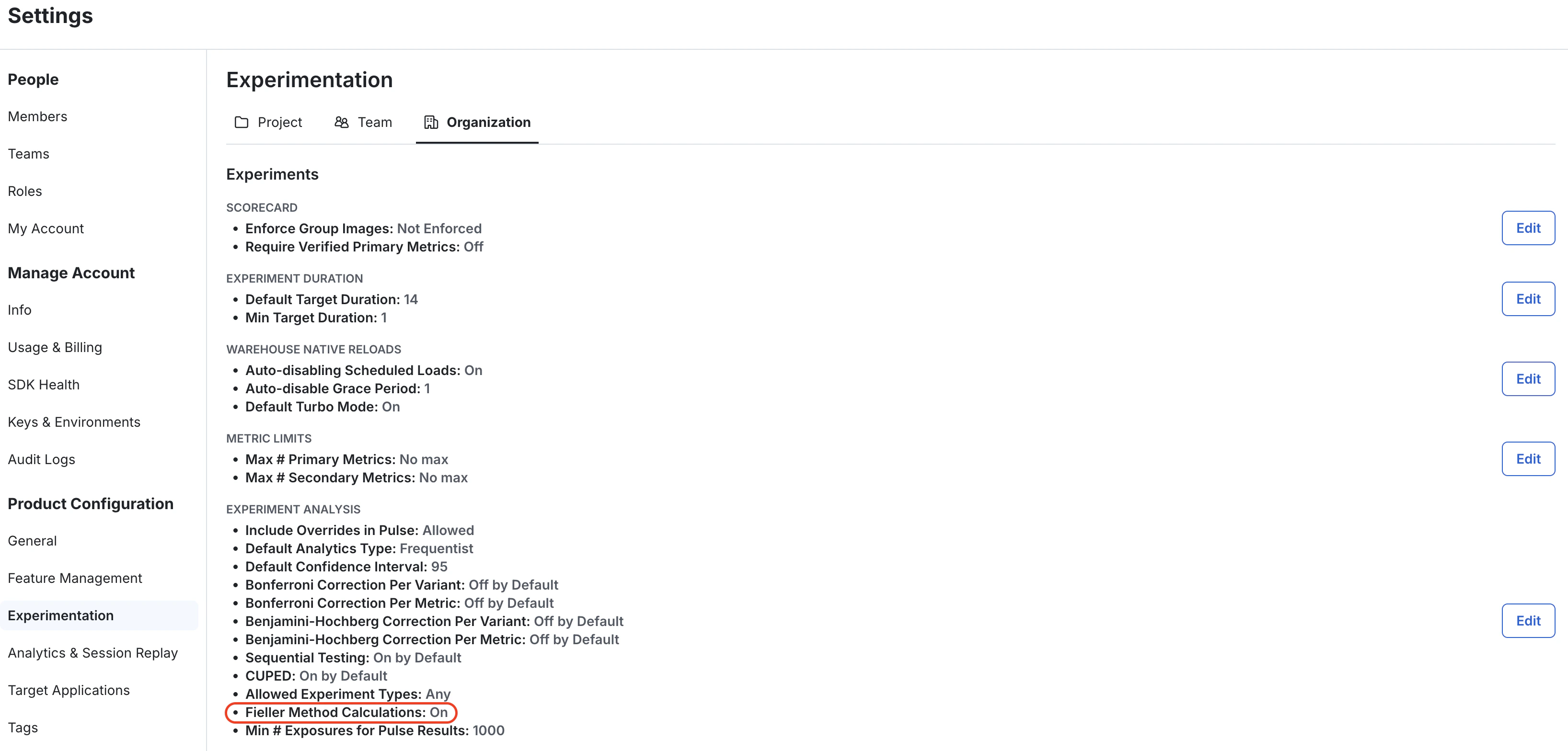 Experimentation settings configuration interface