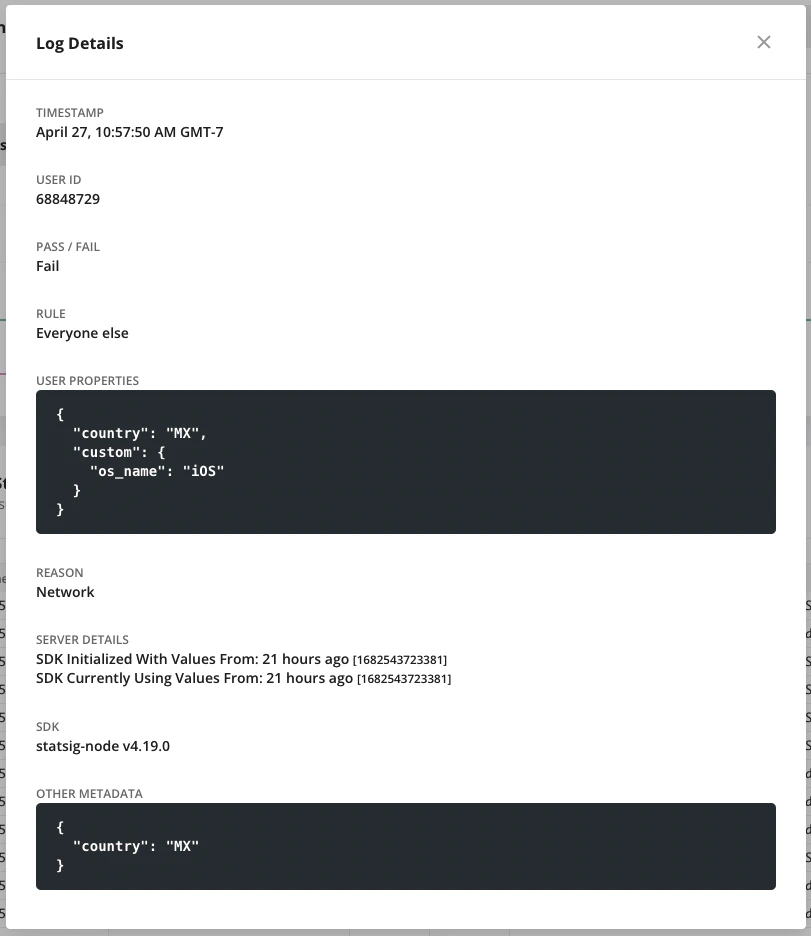 Evaluation details modal with rule match information