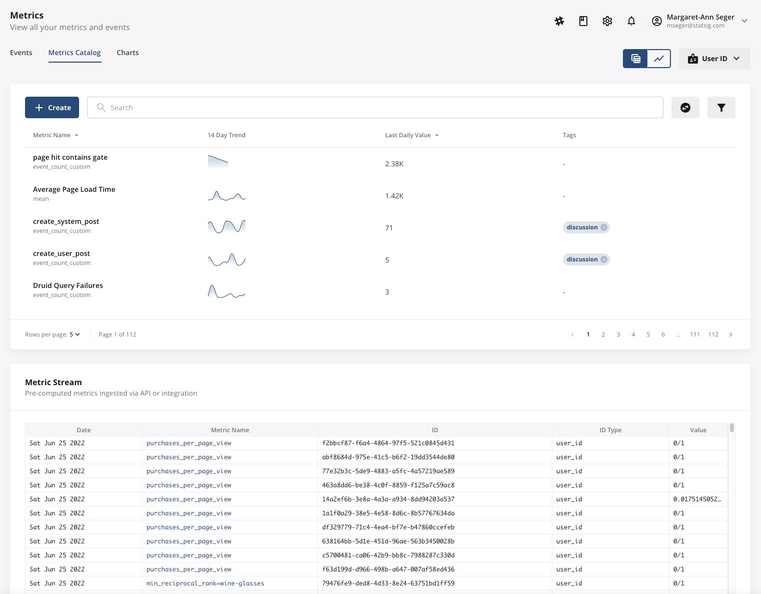 Metrics logstream showing imported precomputed metrics