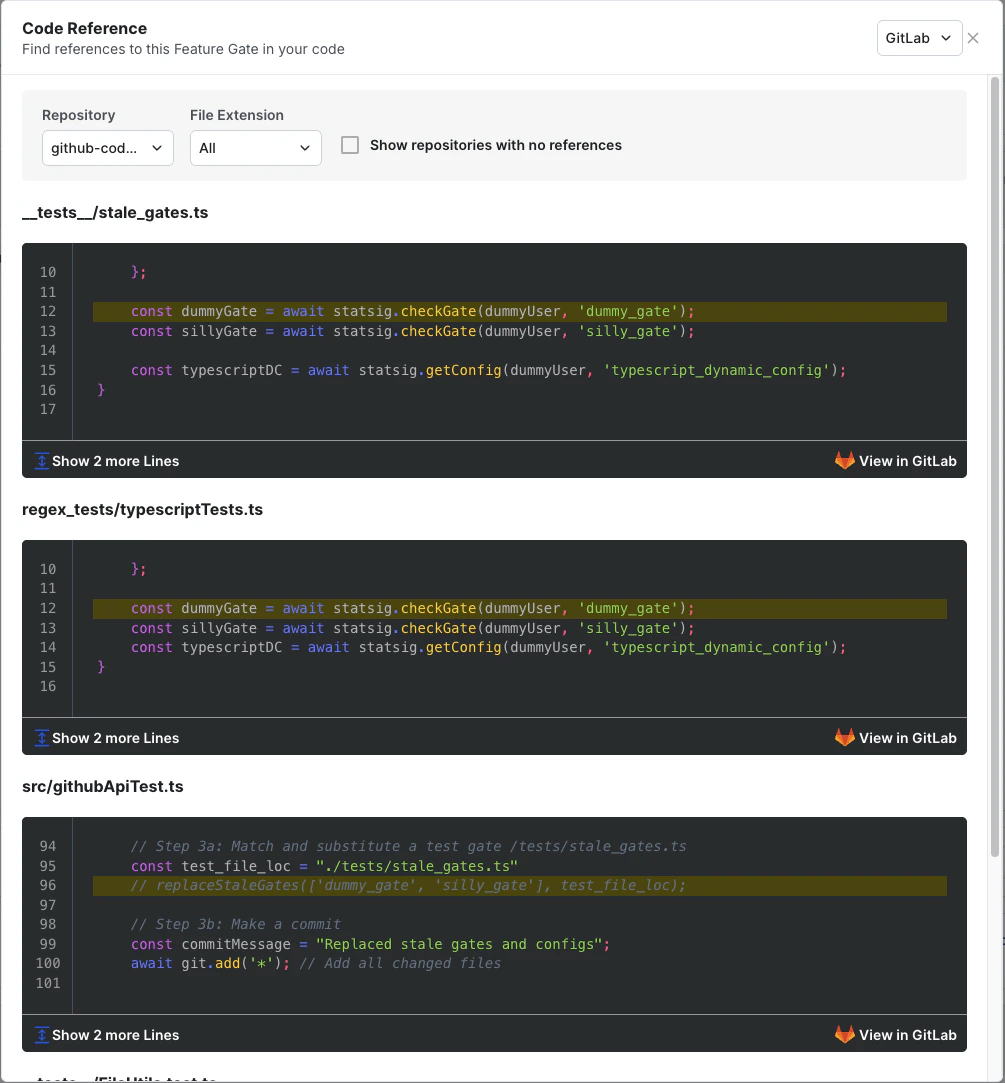 GitLab code references table listing files and repositories