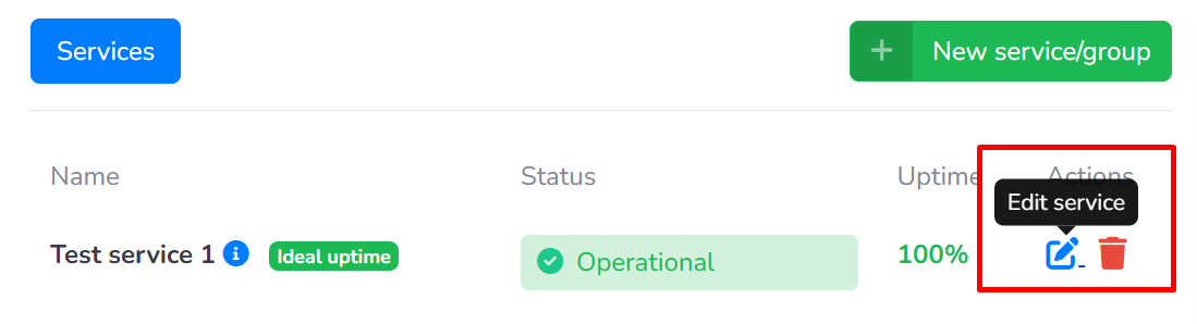 This image shows where to click in order to start editing a group or a service.