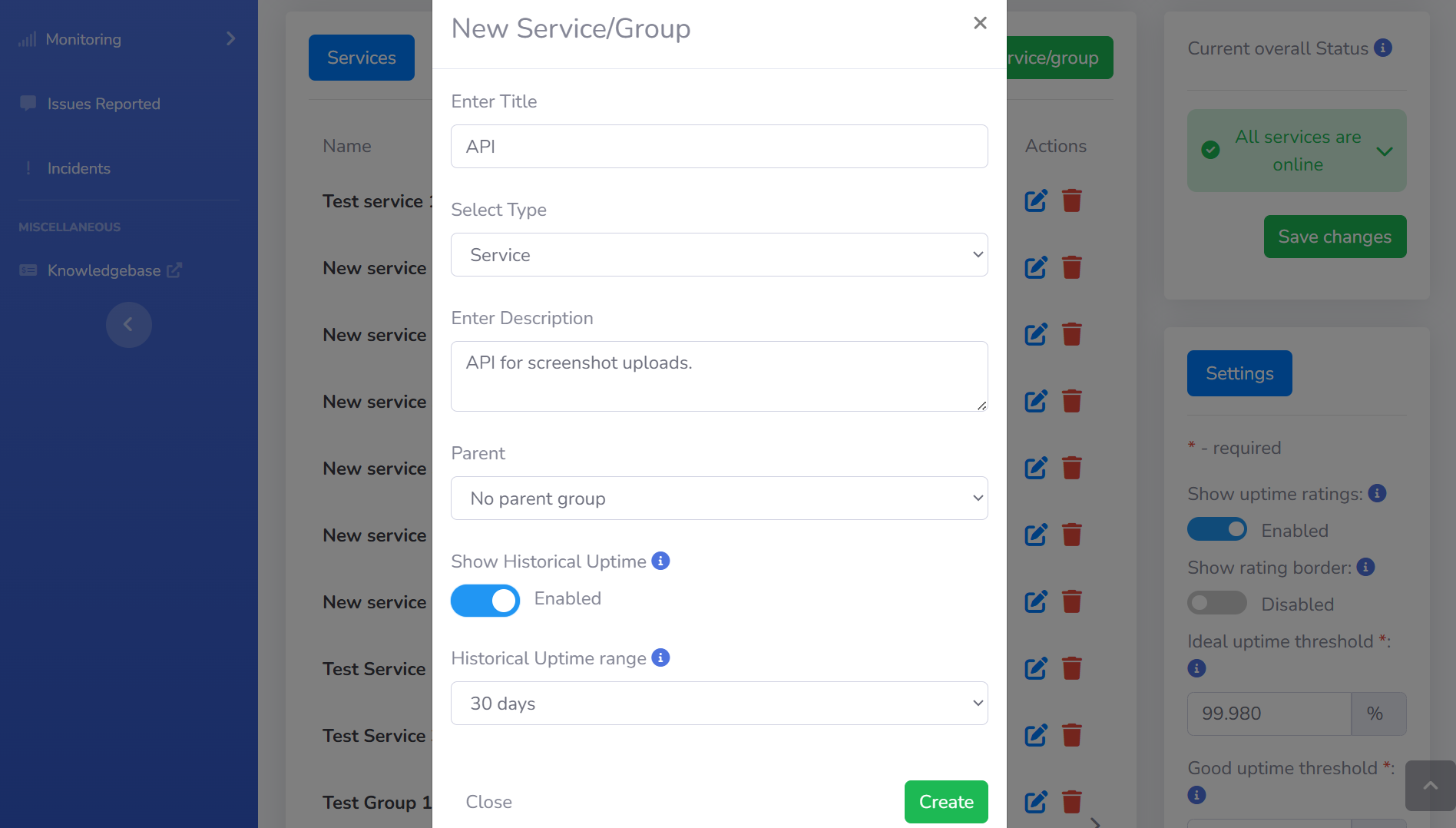 This is what the form to create a new service looks like.