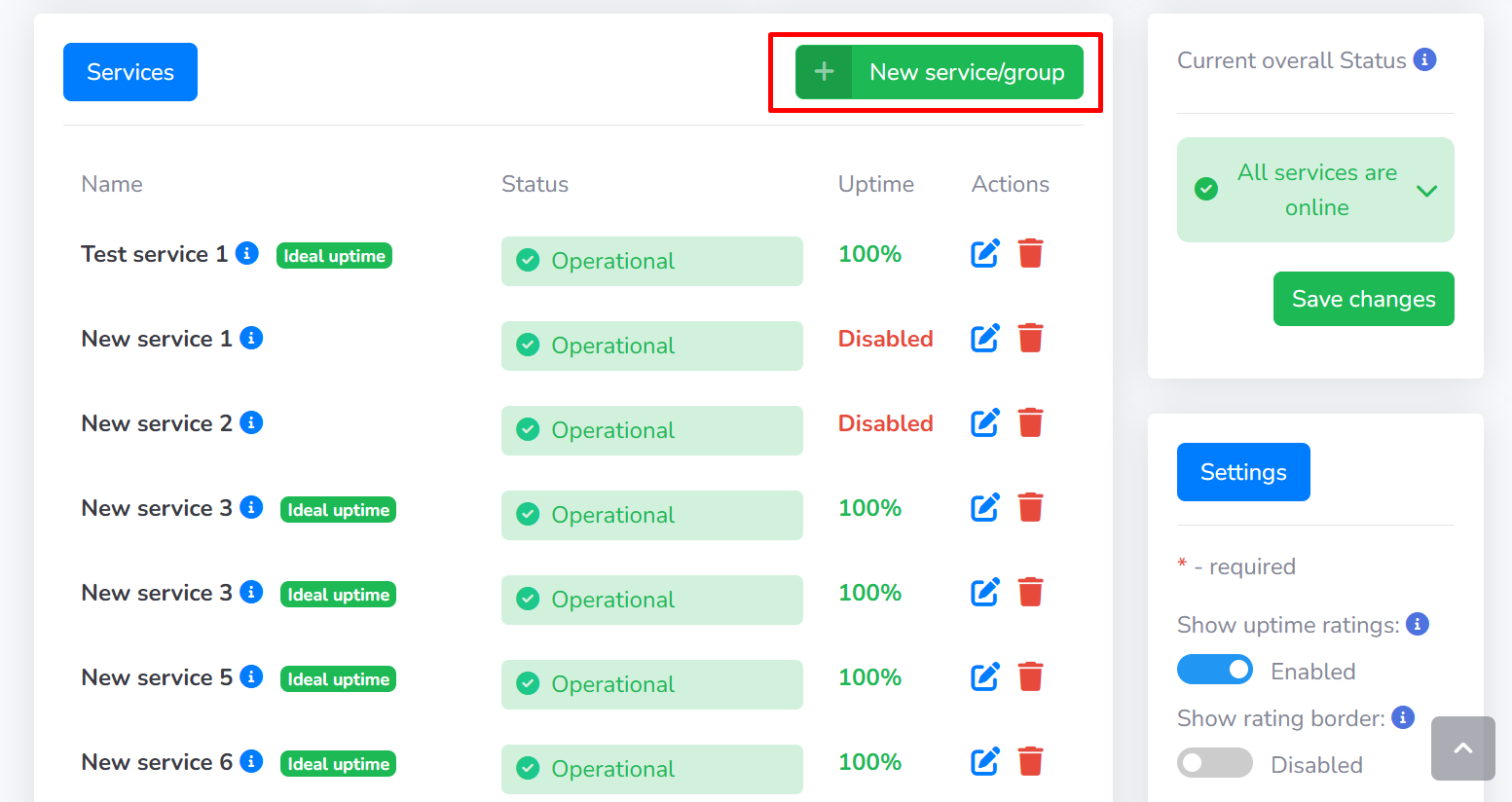 On this screenshot you can see where the new service/group button is located on the Services page.