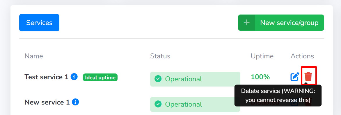 This is the red trashcan icon you need to click to delete a service or group.