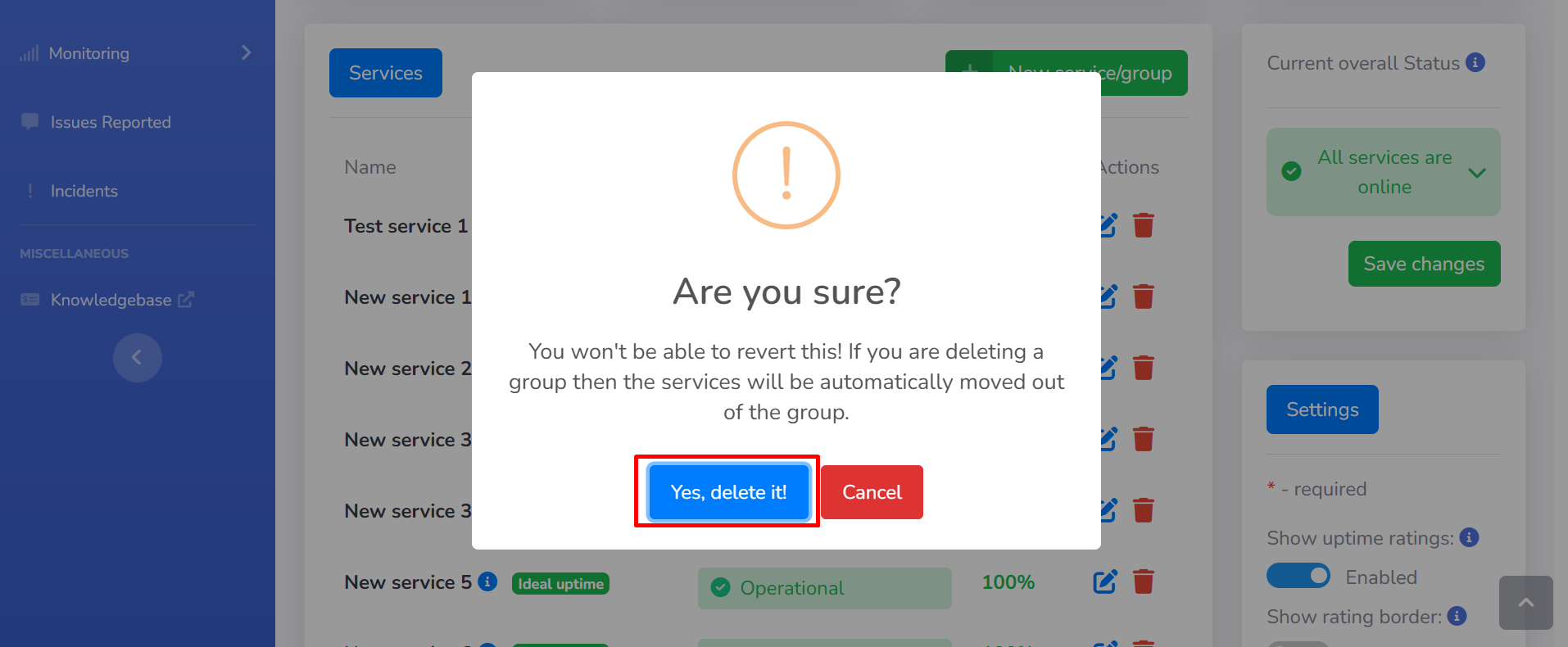 This is the button you need to click in order to delete a service or group.