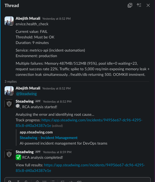 Triggering RCA in Slack