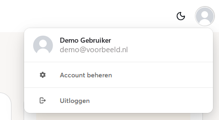 Het gebruikersmenu met Account beheren en Uitloggen