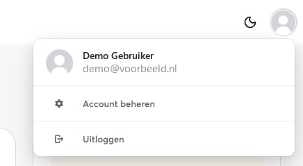 Het gebruikersmenu met Account beheren en Uitloggen