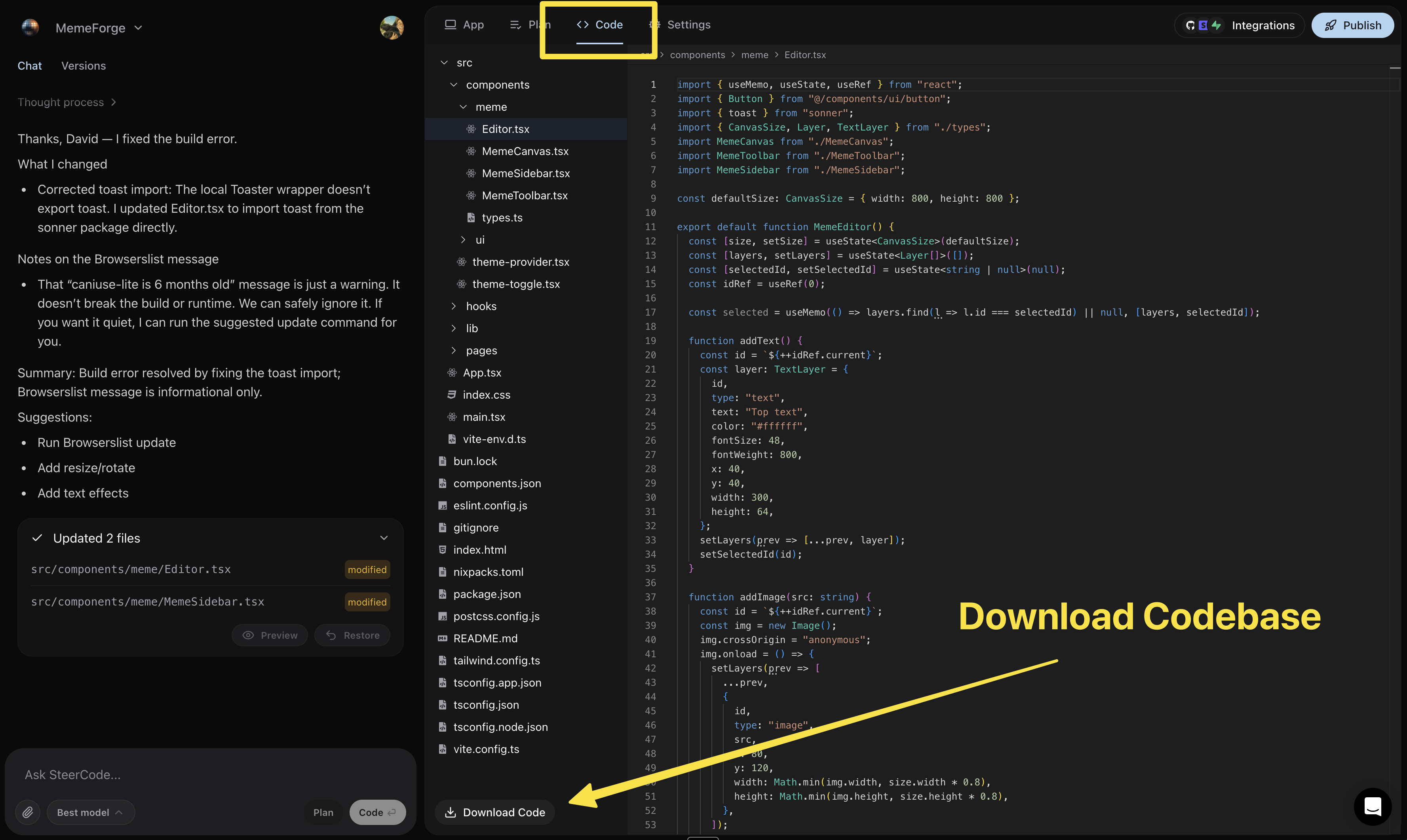 Codebase browser in SteerCode