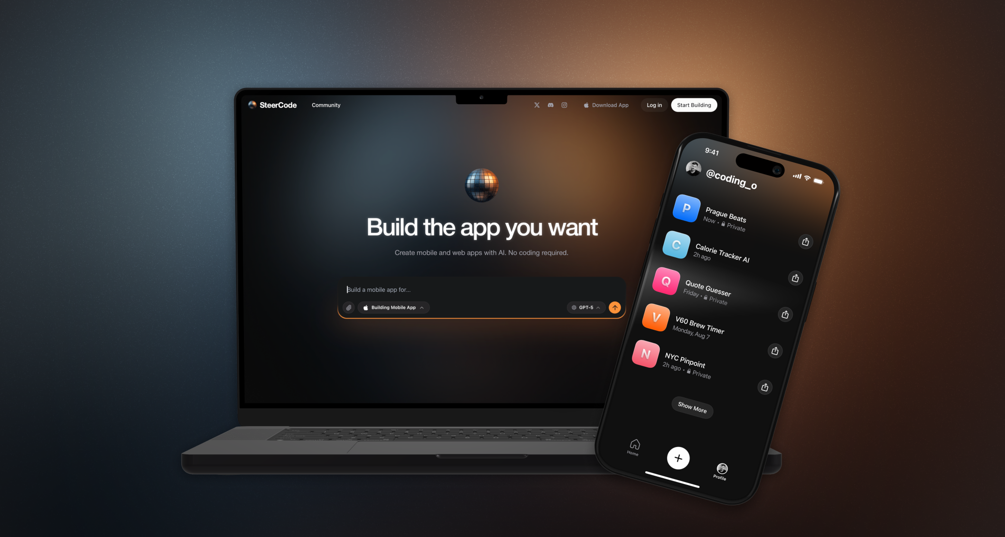 SteerCode hero — build web and mobile apps with AI