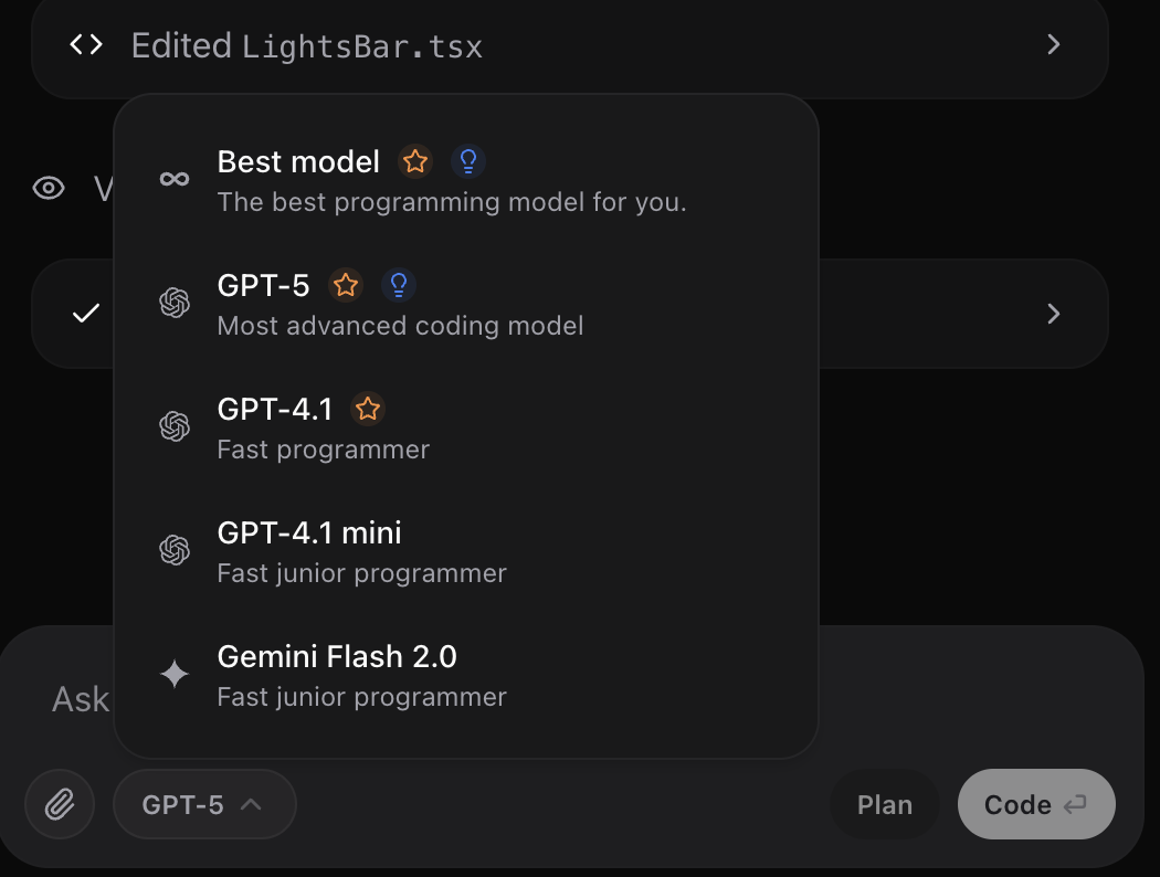 Model picker in the SteerCode composer