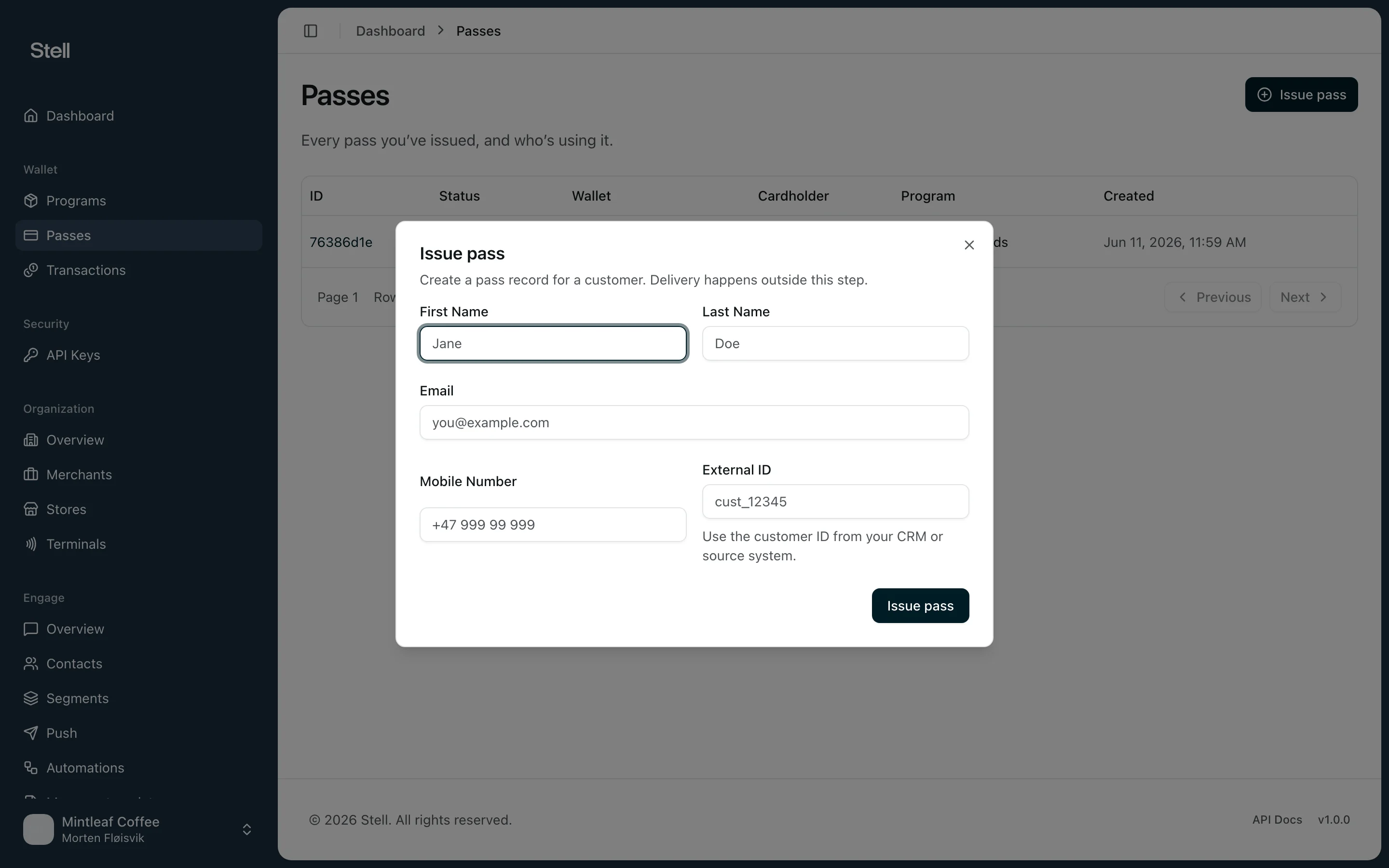 Issue pass dialog