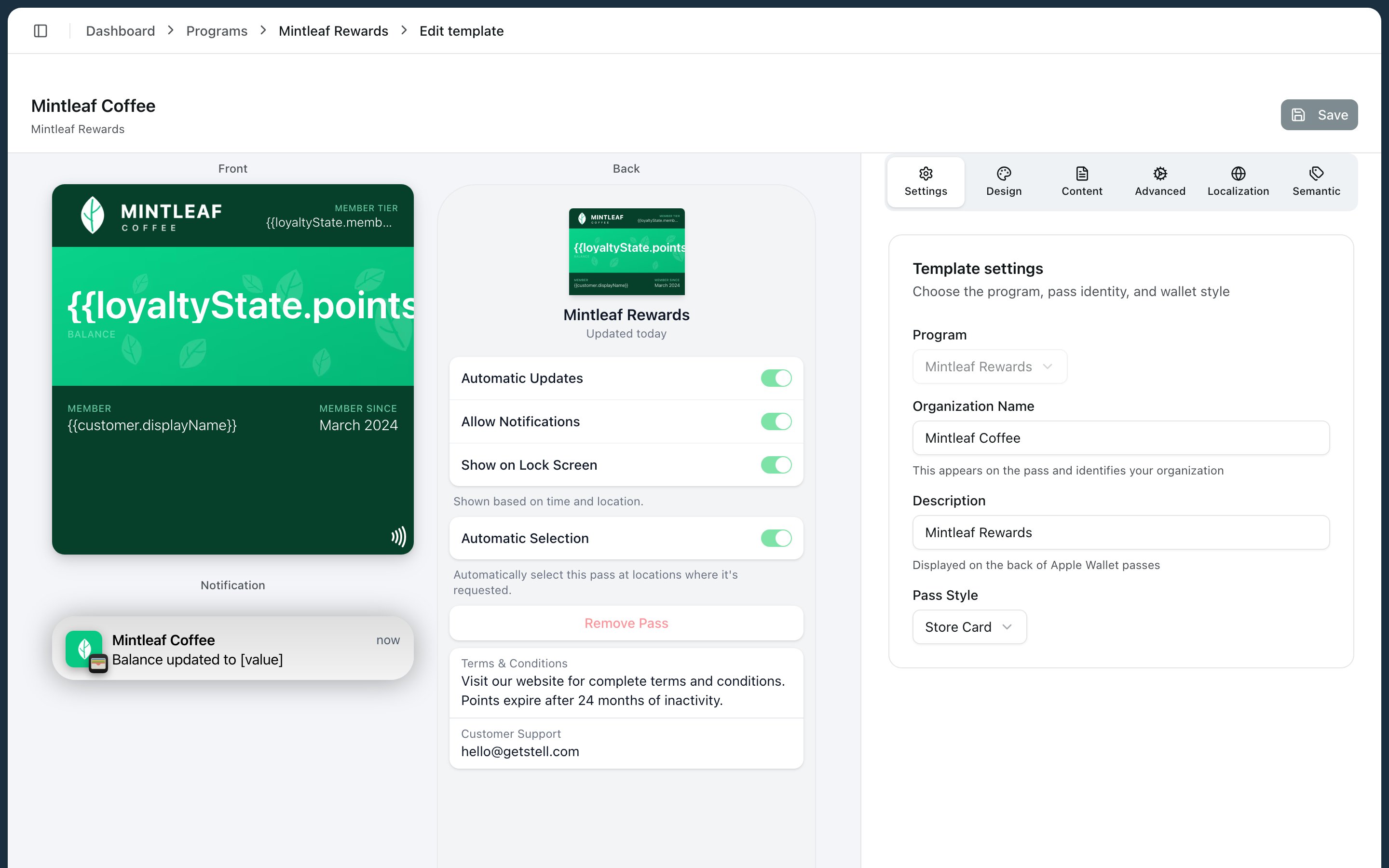 Pass template editor