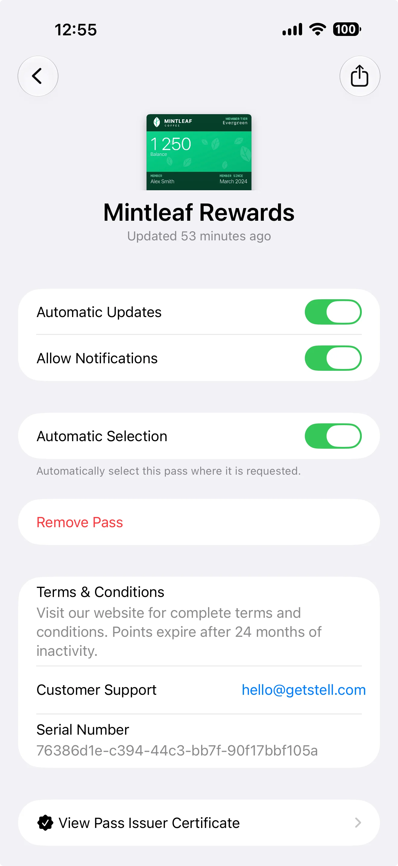 The back of a pass in Apple Wallet on an iPhone, showing wallet toggles followed by Terms & Conditions, Customer Support, and Serial Number back fields