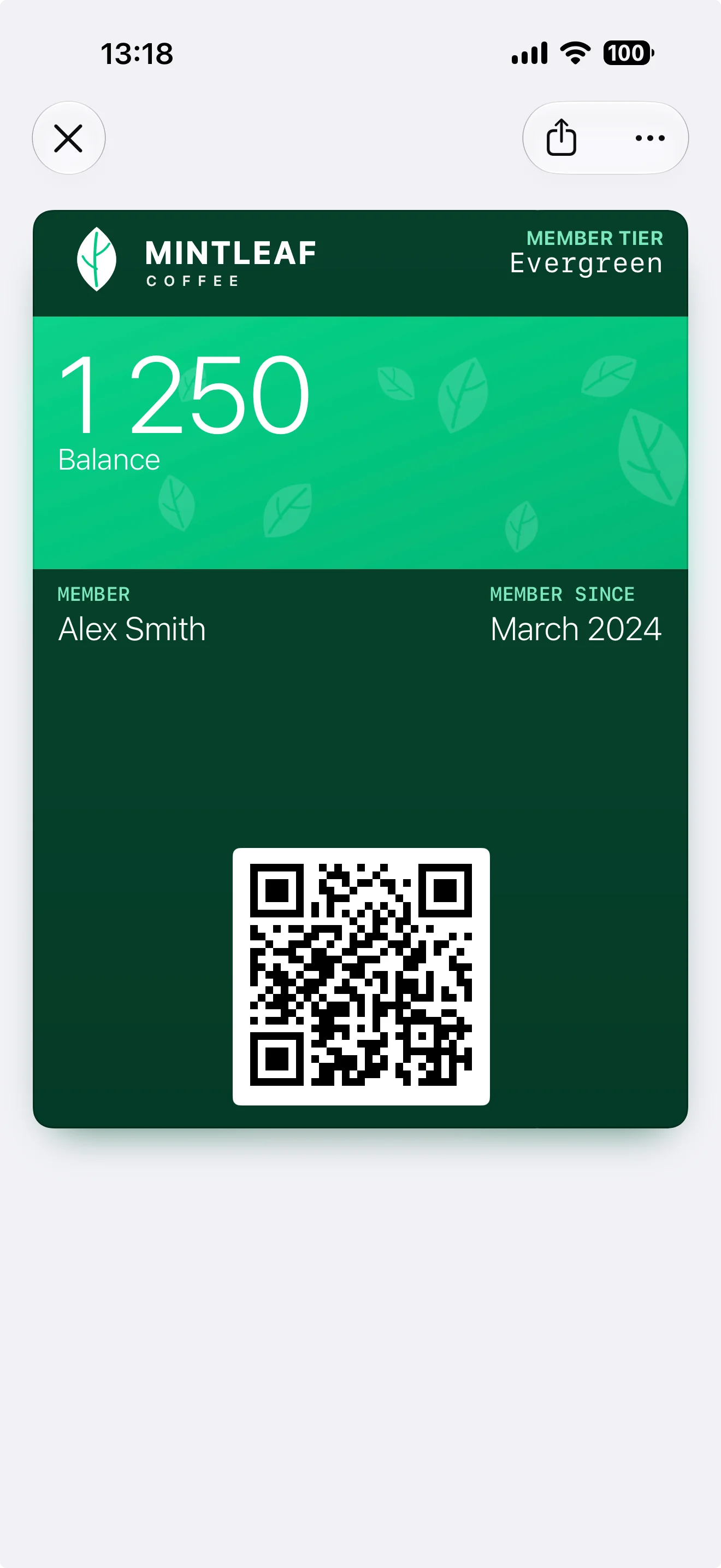 The same pass with a QR code at the bottom instead of the NFC tap icon