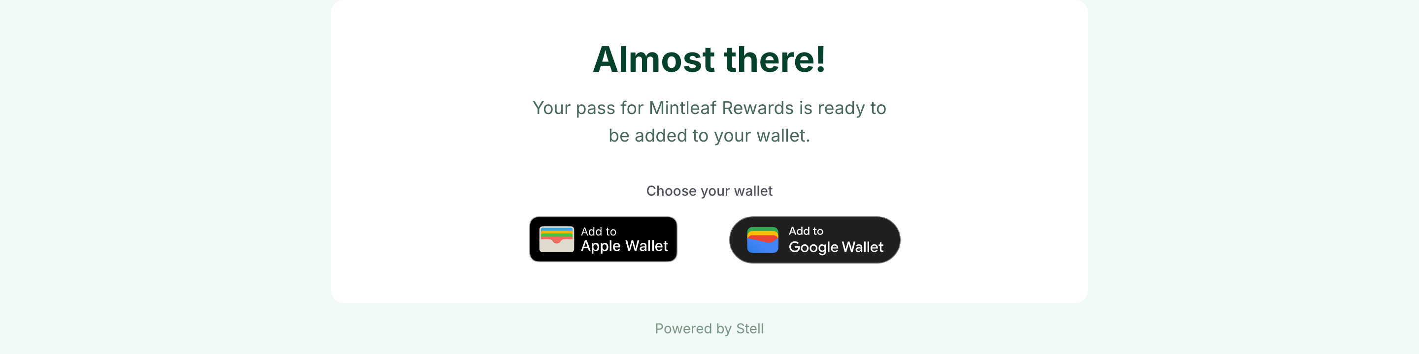 The wallet step on a computer with the Add to Apple Wallet and Add to Google Wallet buttons side by side