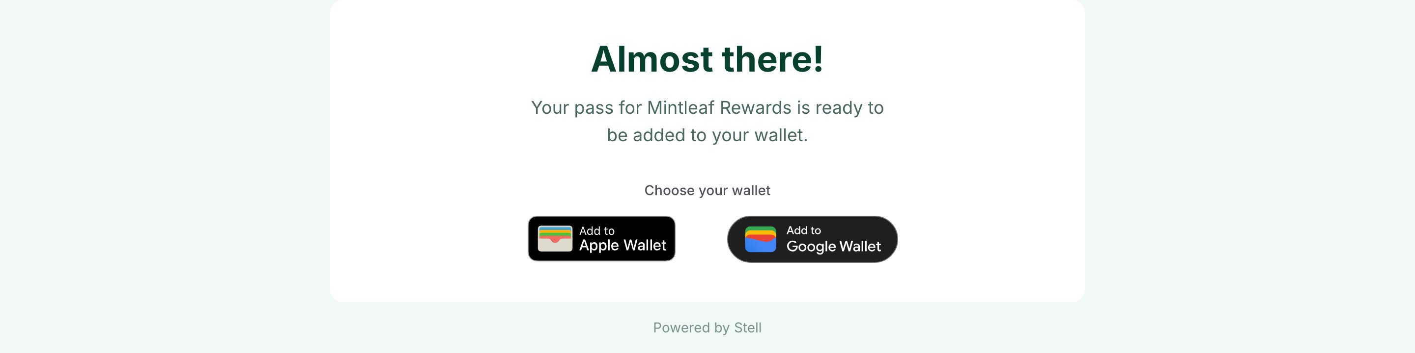 The wallet step on a computer with the Add to Apple Wallet and Add to Google Wallet buttons side by side