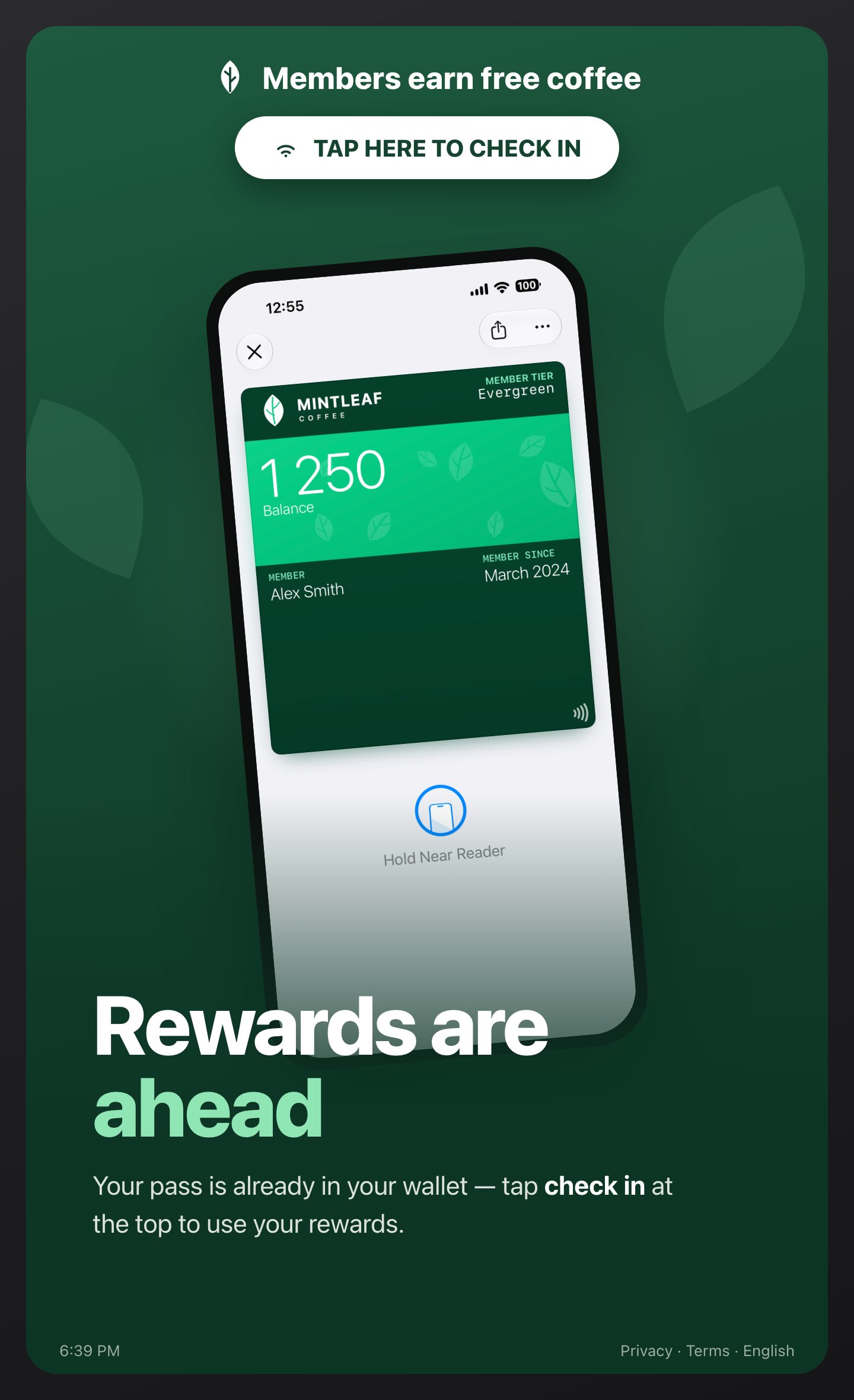 A self-order kiosk screen showing the Mintleaf Rewards pass on a phone with the headline Rewards are ahead and a prompt to tap check in at the top