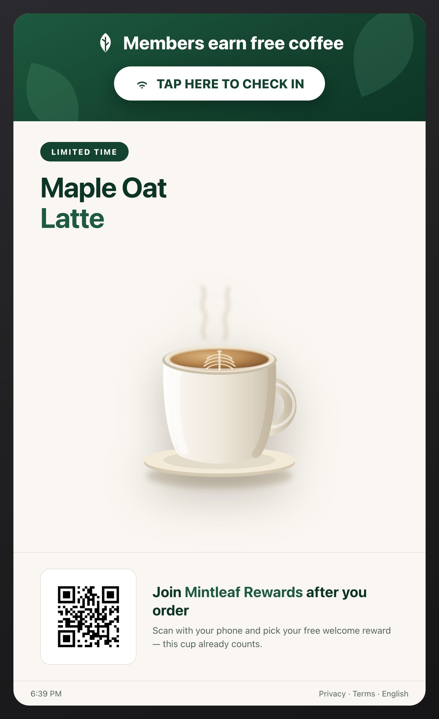 A self-order kiosk screen with the heading Members earn free coffee, a Tap here to check in button, a featured Maple Oat Latte, and a Join Mintleaf Rewards QR code