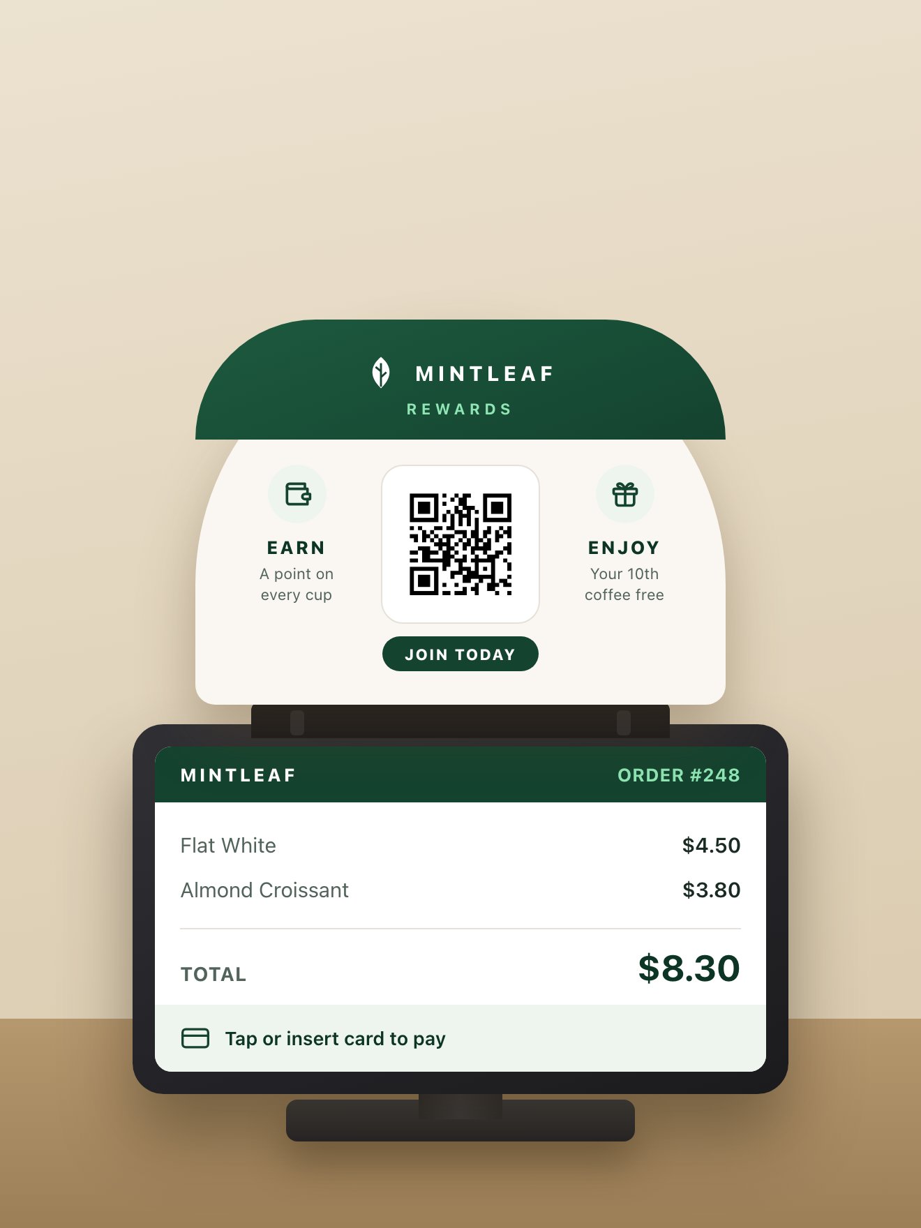 A Mintleaf Rewards register-topper card mounted on top of a point-of-sale terminal, with Earn and Enjoy columns, a central QR code, and a Join today button, above a screen showing the order total