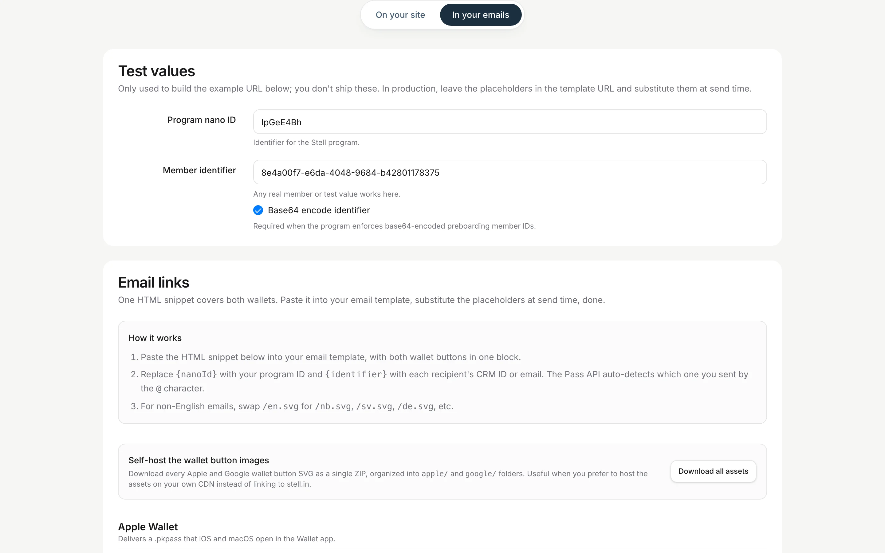 The configurator's In your emails tab, with test values and the email links card containing wallet link templates and downloadable button images