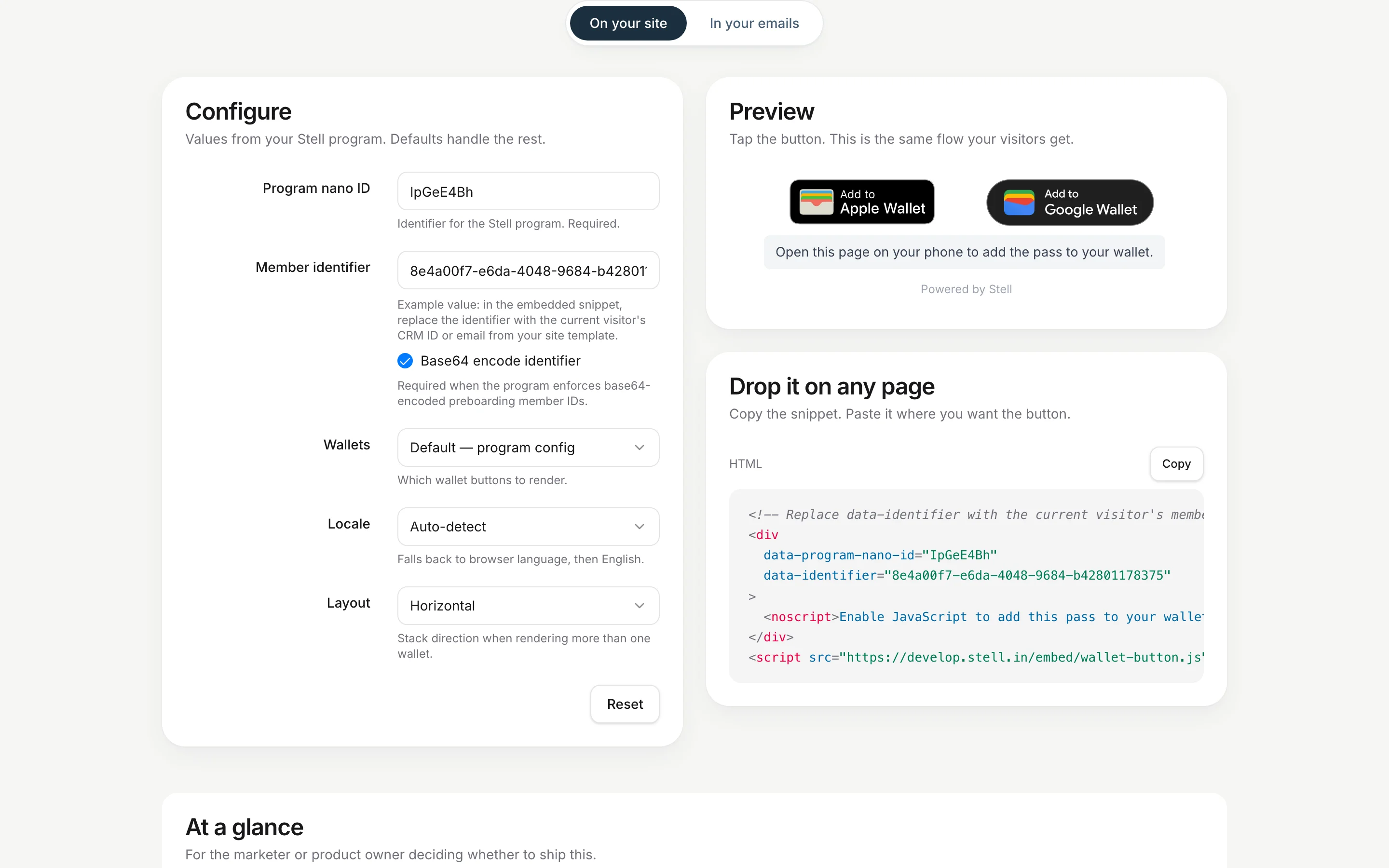 The configurator's On your site tab, with the configuration form, a live preview of the Apple Wallet and Google Wallet buttons, and the copyable embed snippet