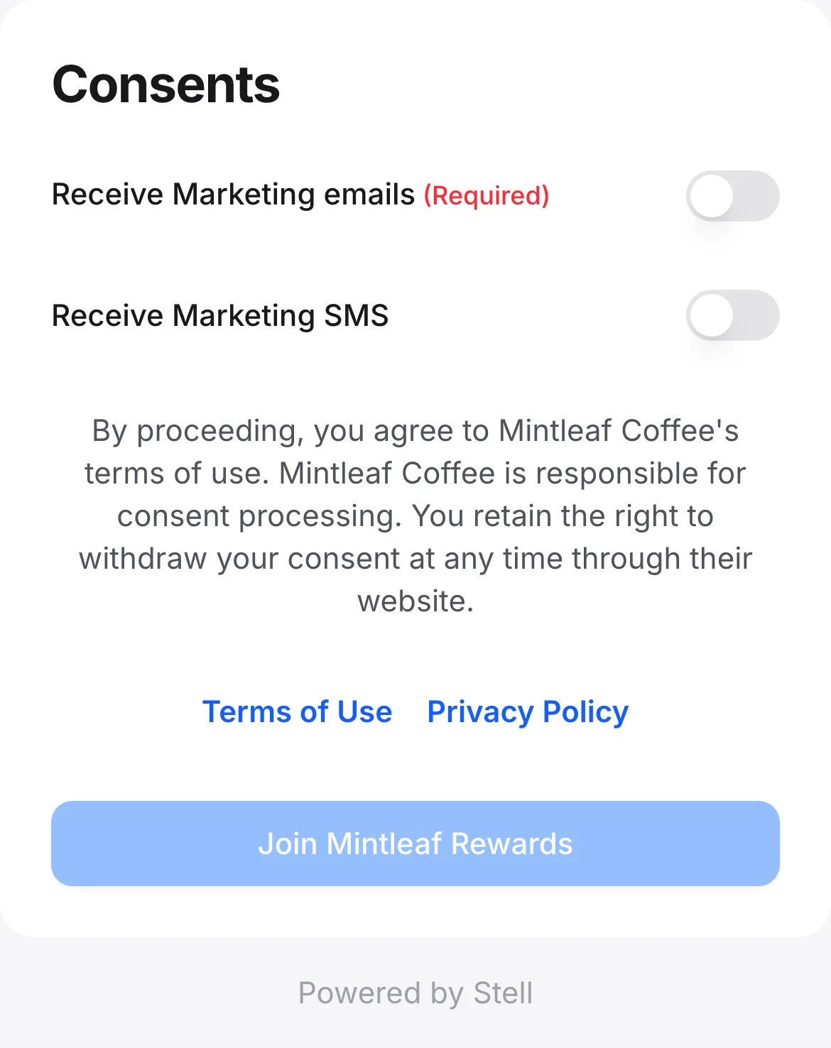The consents screen with two toggles, Receive Marketing emails marked required and Receive Marketing SMS optional, legal text, and an inactive Join Mintleaf Rewards button
