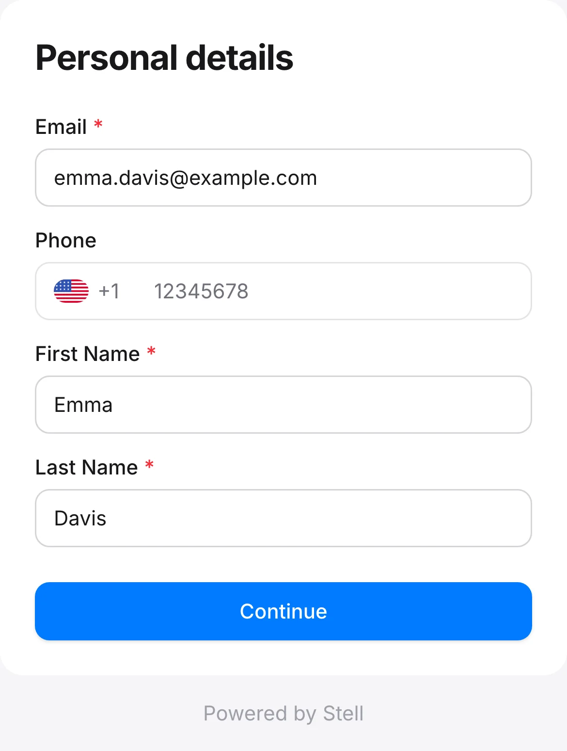 The personal details form with email, phone, first name, and last name fields filled in, and a Continue button