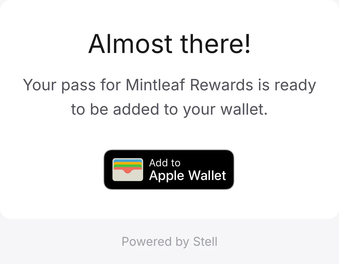 The Almost there screen telling the customer their Mintleaf Rewards pass is ready, with an Add to Apple Wallet badge