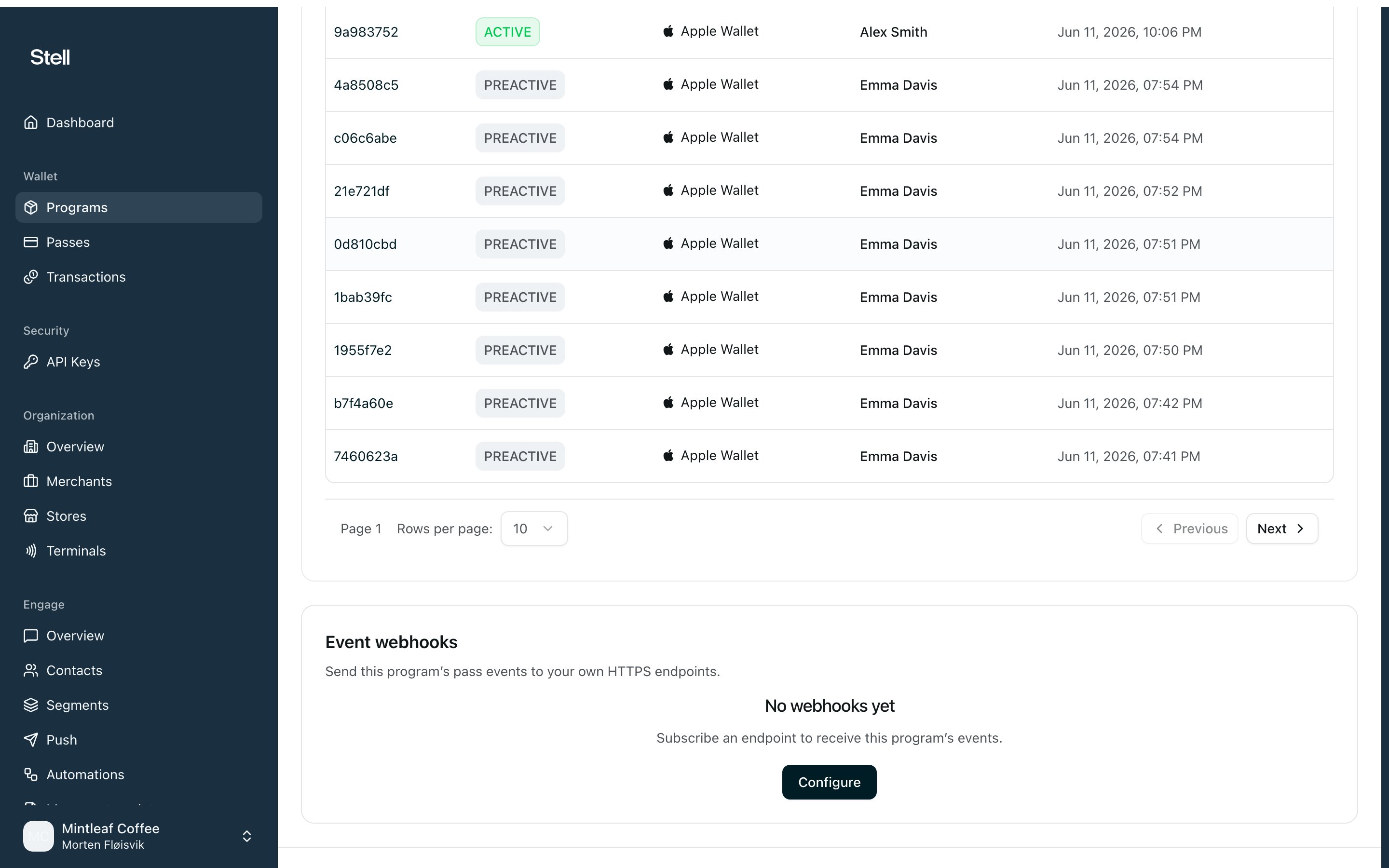 Event webhooks card on the program page