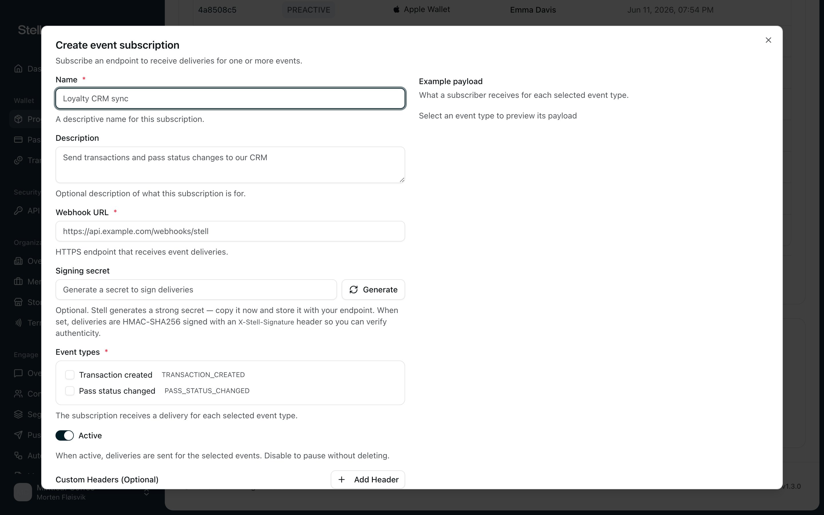 Create event subscription dialog