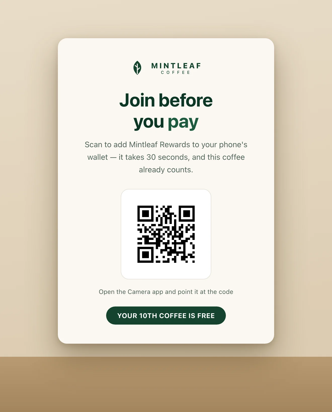 Mintleaf Rewards counter card at the point of sale with a QR code and the headline Join before you pay