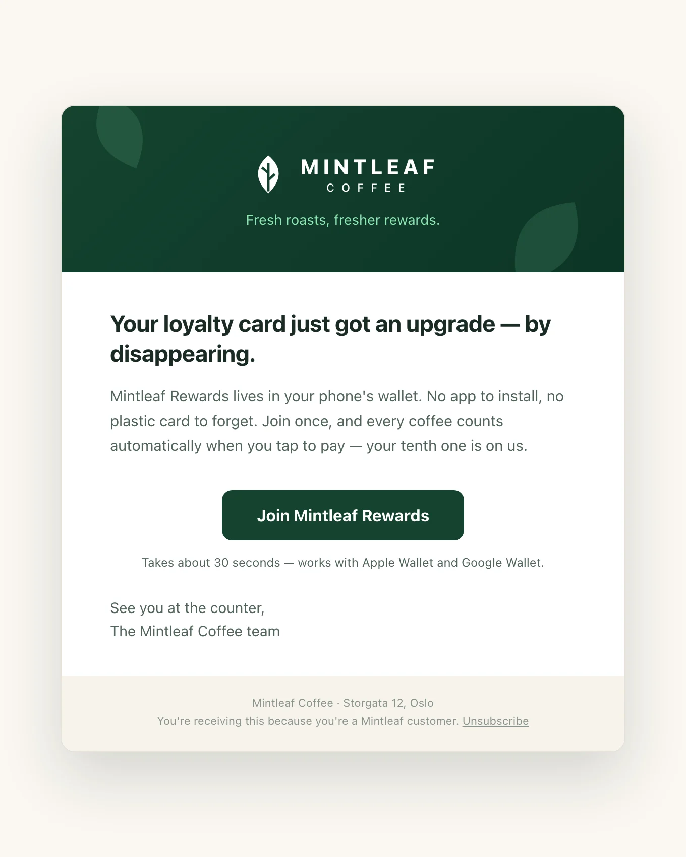 The Mintleaf Rewards announcement email: dark green hero with the Mintleaf wordmark, a headline about the loyalty card moving into the phone's wallet, and a Join Mintleaf Rewards button