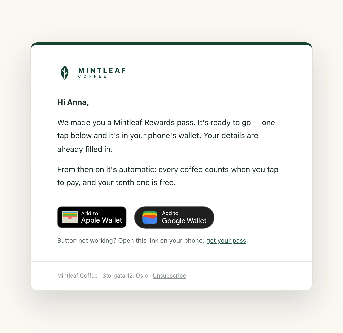 The minimal Mintleaf Rewards invitation email: a small logo, a short personal note to Anna, Add to Apple Wallet and Add to Google Wallet buttons, and a fallback link