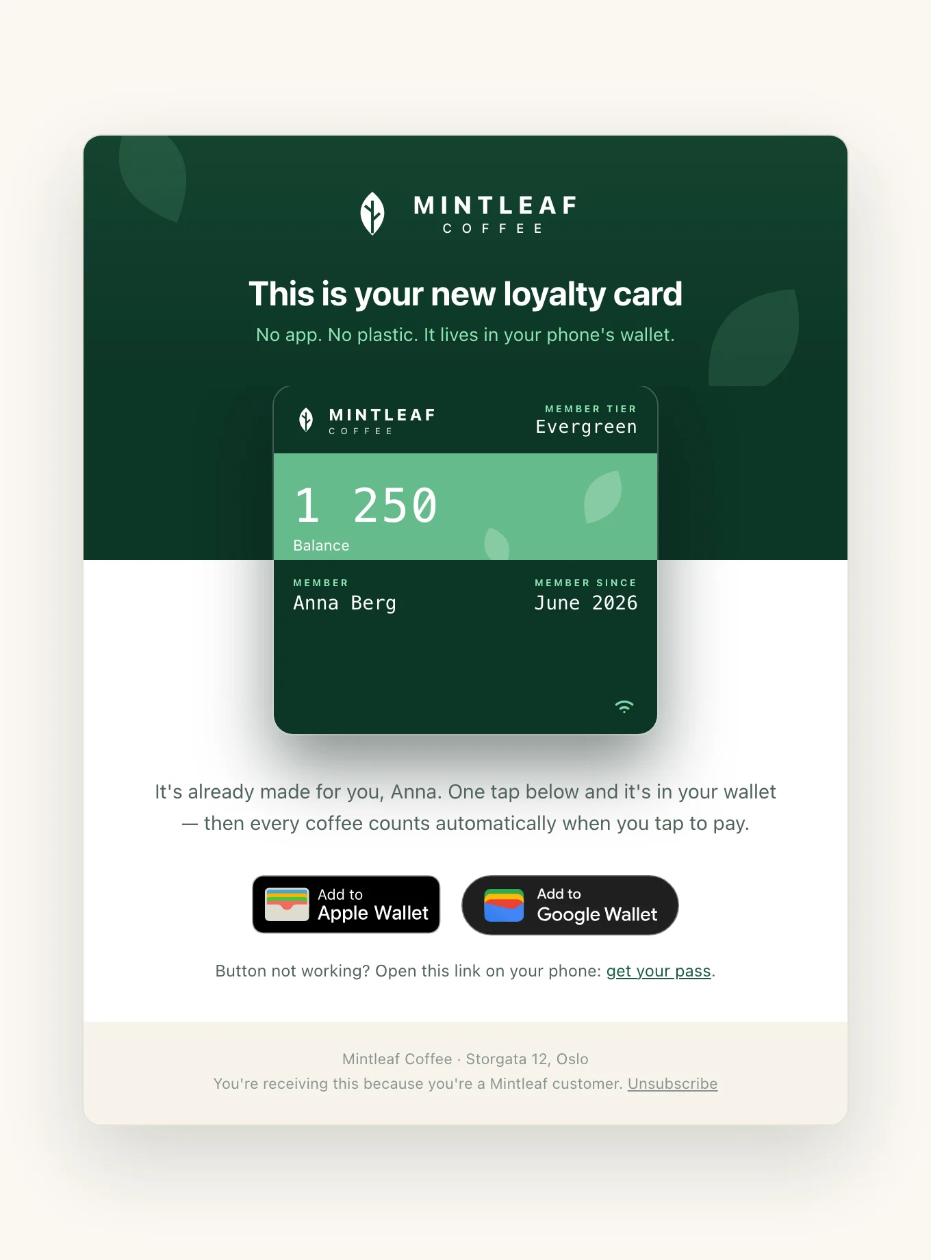 The Mintleaf Rewards pass showcase email: the pass rendered large, straddling the dark green hero and the white body, with Add to Apple Wallet and Add to Google Wallet buttons below