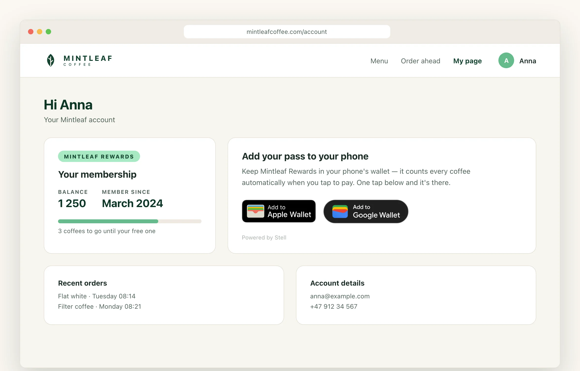 A signed-in Mintleaf Coffee account page showing the Add to Apple Wallet and Add to Google Wallet buttons rendered by the wallet button widget