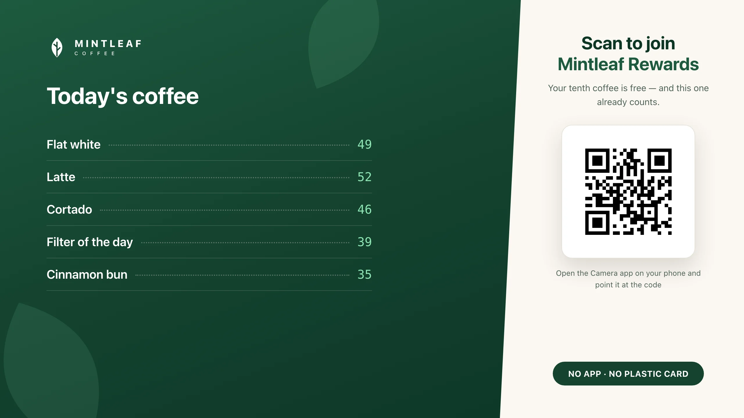 A digital menu board with coffee prices on the left and a permanent Scan to join Mintleaf Rewards panel with a large QR code on the right